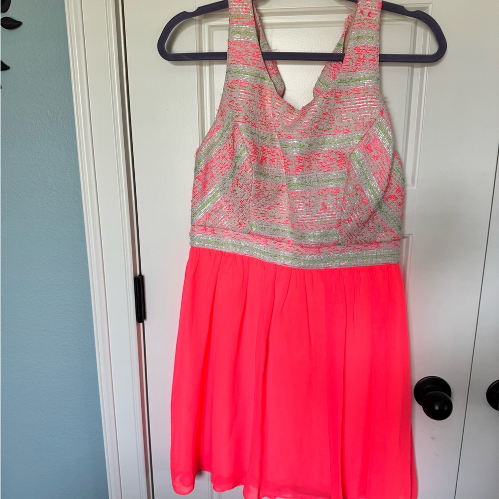 City Triangles Embellished Pink and Green Halter Dress